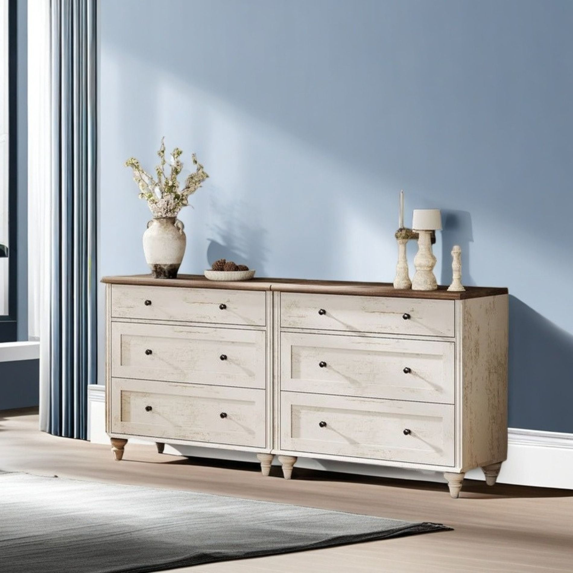WAMPAT 6-Drawer Rustic White Dresser, Farmhouse Wooden Storage Chest for Bedroom & Nursery