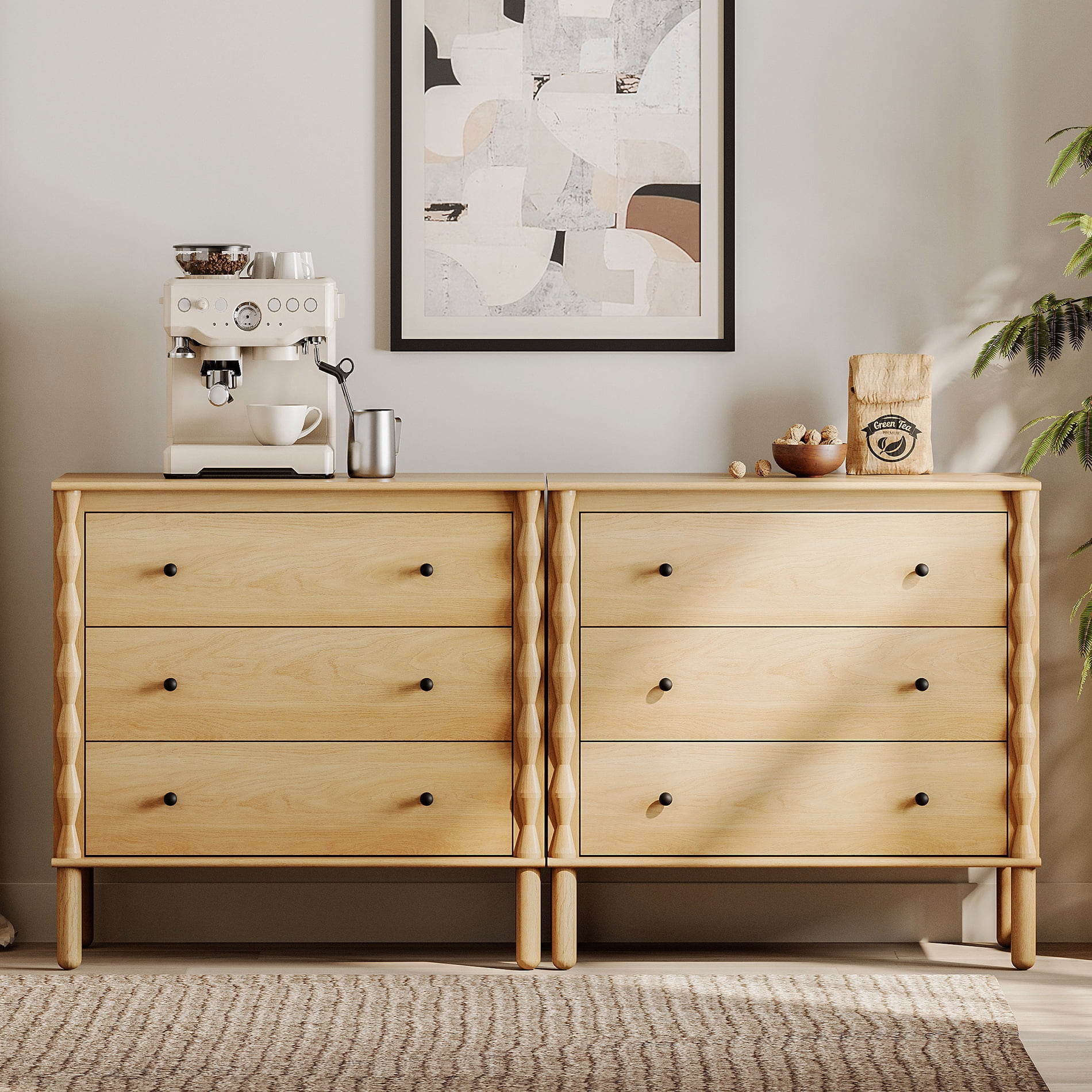 WAMPAT 6 Drawer Sideboard with Solid Wood Legs for Dining Room,Oak