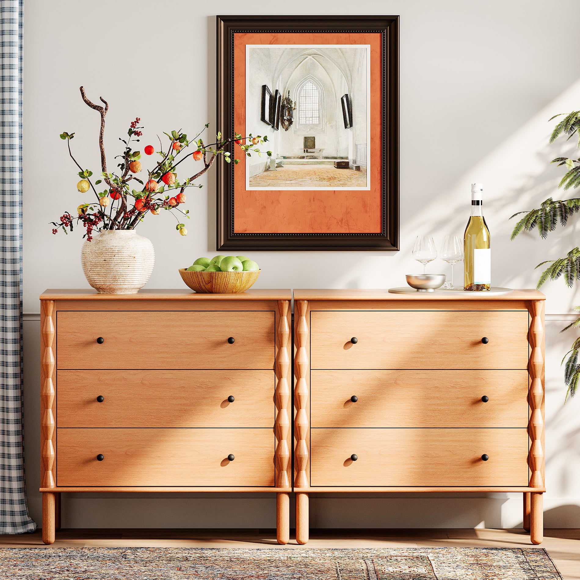 WAMPAT 6 Drawer Sideboard with Solid Wood Legs for Dining Room,Walnut