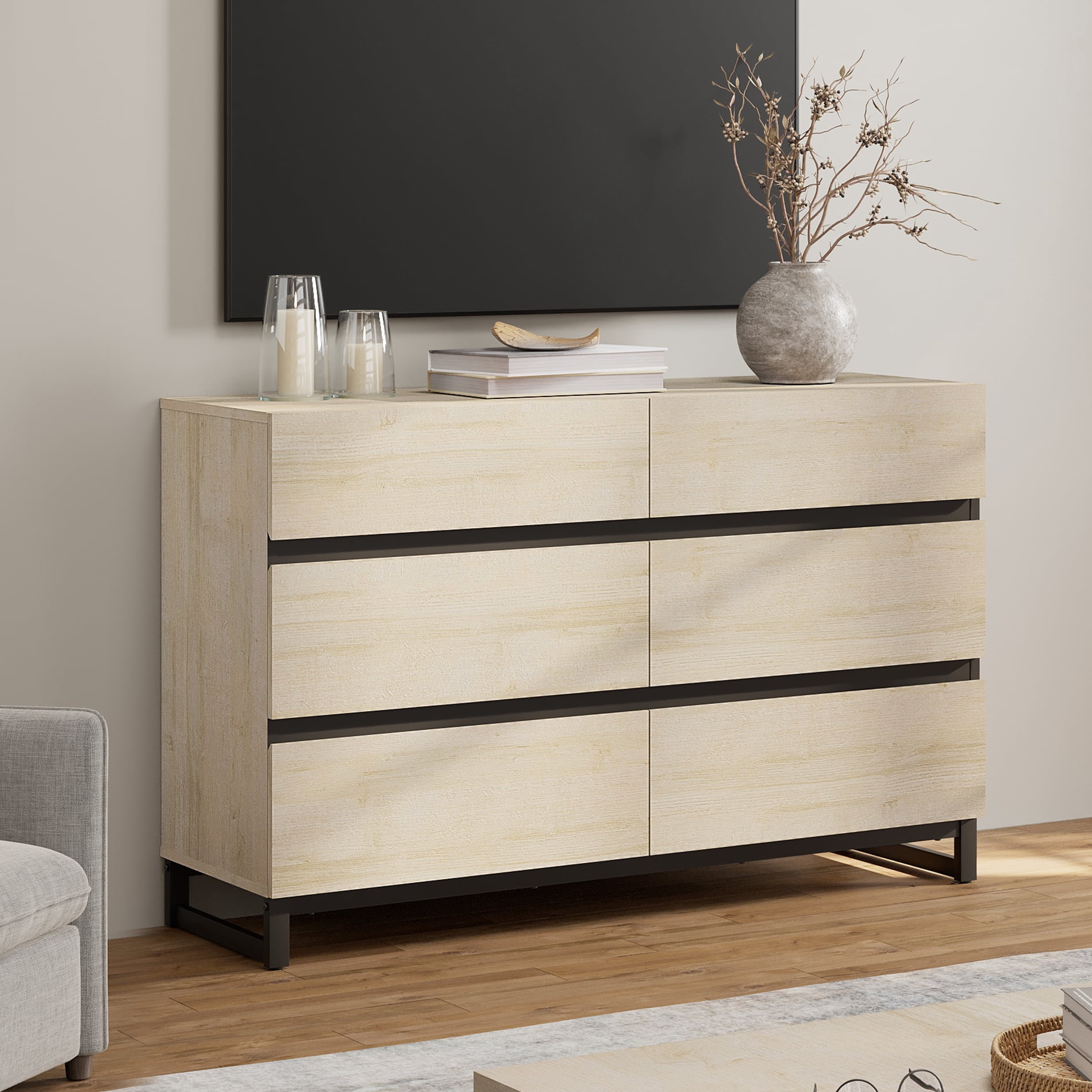 WAMPAT 6-Drawer TV Stand, Modern Media Entertainment Center with Metal Base, Wooden Storage Console Fits 50 Inch TV for Home Living Room, Beige