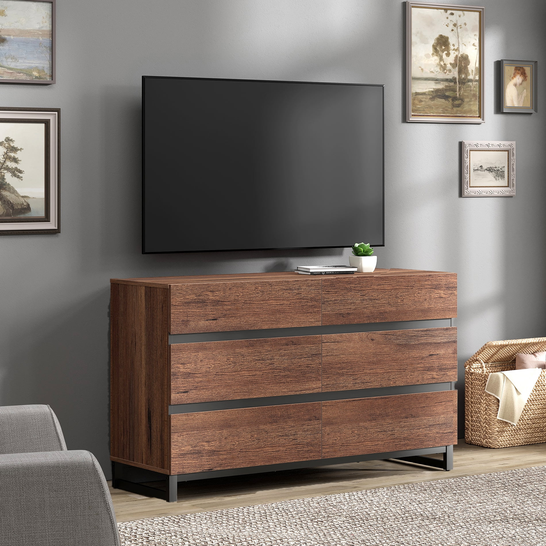 WAMPAT 6-Drawer TV Stand, Modern Media Entertainment Center with Metal Base, Wooden Storage Console Fits 50 Inch TV for Home Living Room, Brown
