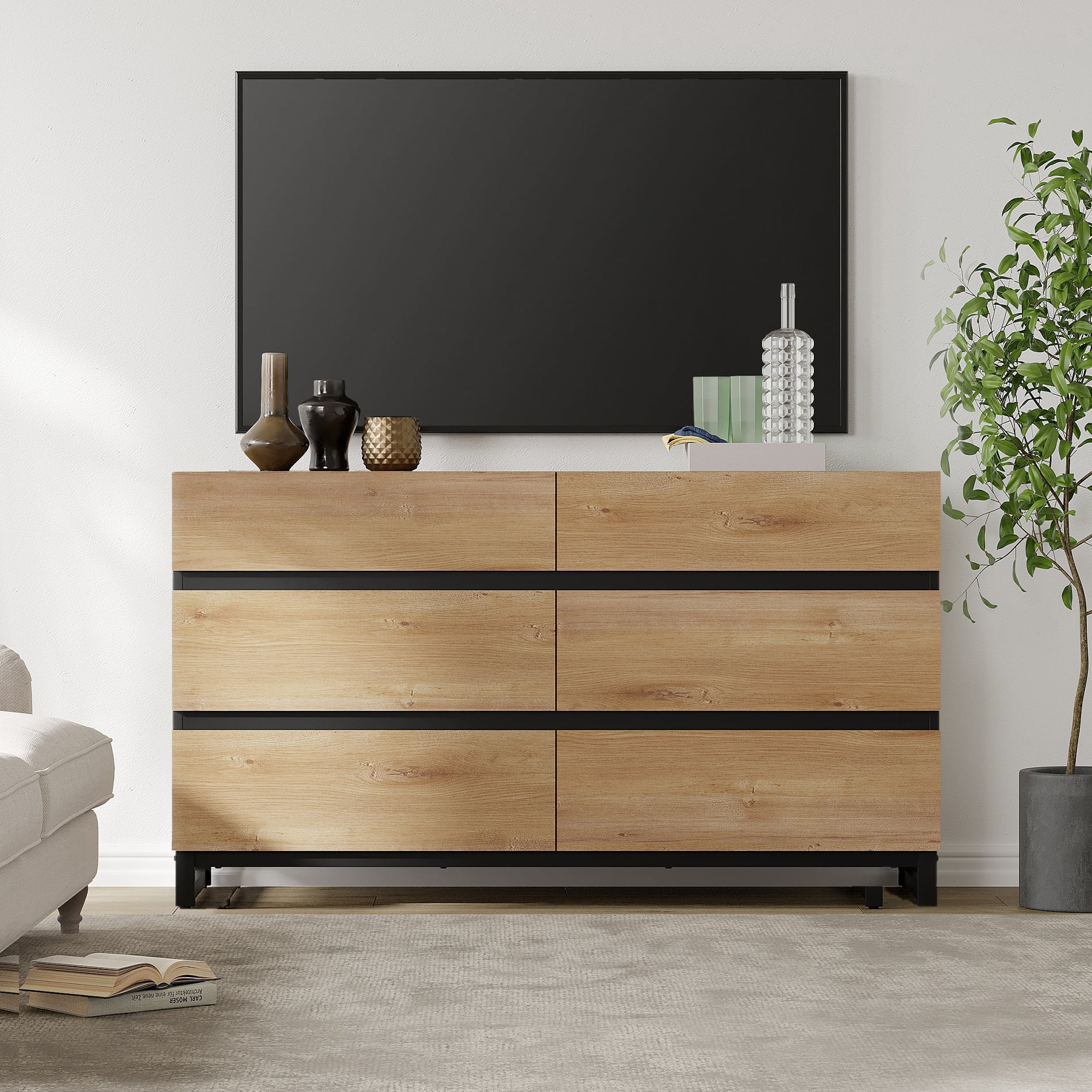 WAMPAT 6-Drawer TV Stand, Modern Media Entertainment Center with Metal Base, Wooden Storage Console Fits 50 Inch TV for Home Living Room, Oak