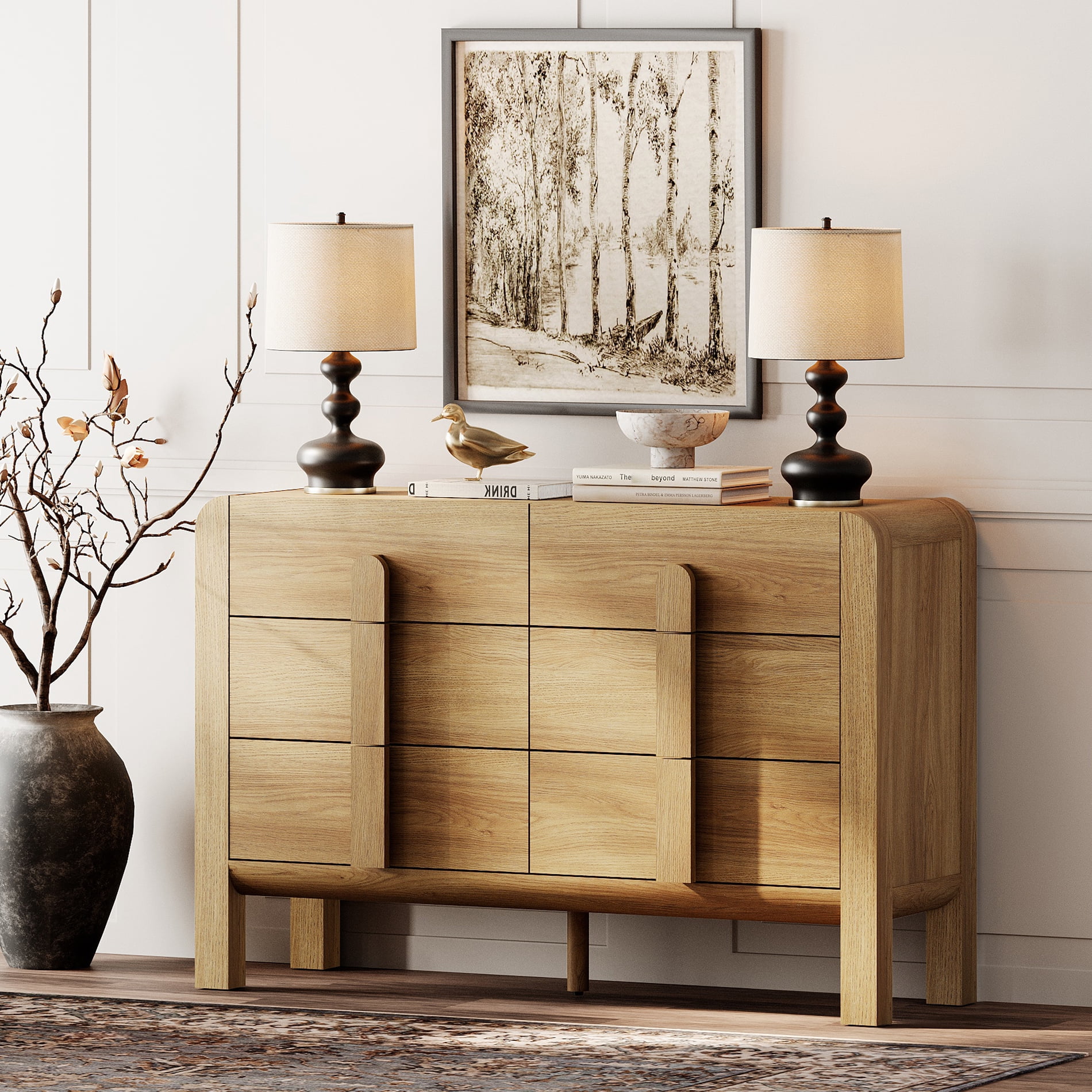 WAMPAT 6 Drawers Dresser for Bedroom, 47.2" W Mid Century Modern Chest of Drawers, Wooden Dressers with Curved Profile Design, Storage Organizer for Bedroom, Closet, Hallway