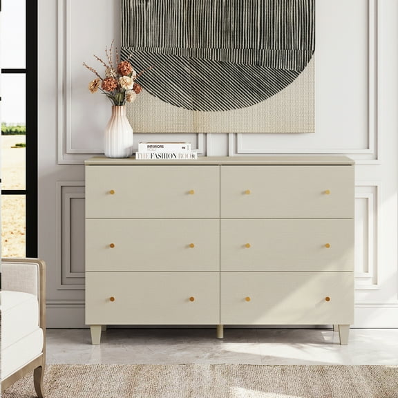 WAMPAT 6 Drawers Dresser for Bedroom, Wooden Wide Chest of Drawers, Beige Modern Closet Storage Organizer Unit with Solid Wood Legs for Living Room, Hallway, Nursery, 47.2x15.3x32.4