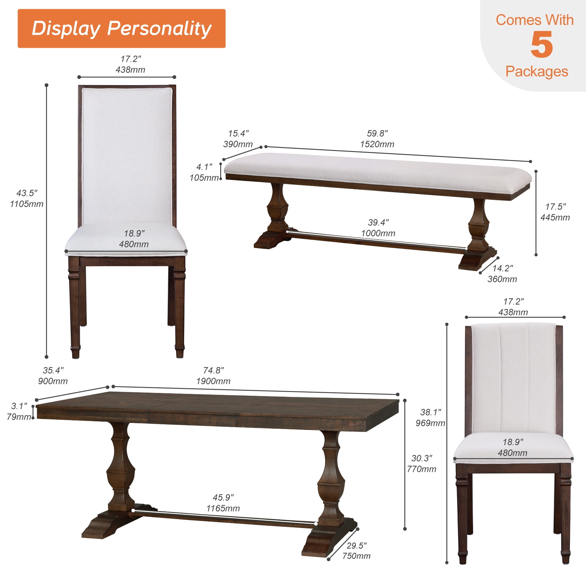 WAMPAT 6-pieces Farmhouse Dinning Table for 6-8,74.8" Kitchen Table Set with 4 Chairs and Bench, Solid Wood Legs and Cushion Seat for Kitchen & Living Room,Brown