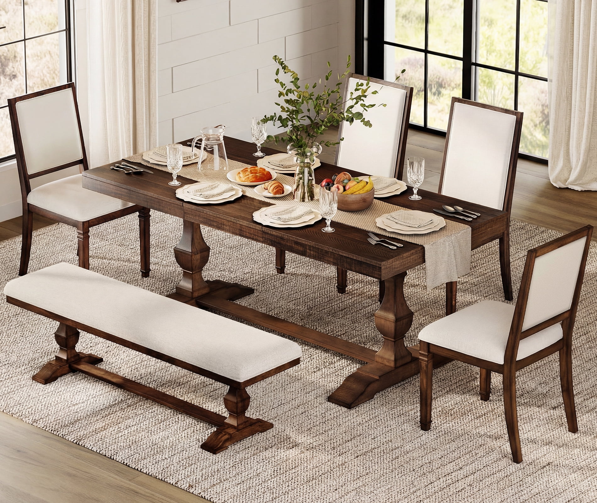 WAMPAT 6-pieces Farmhouse Dinning Table for 6-8,74.8" Kitchen Table Set with 4 Chairs and Bench, Solid Wood Legs and Cushion Seat for Kitchen & Living Room,Espresso