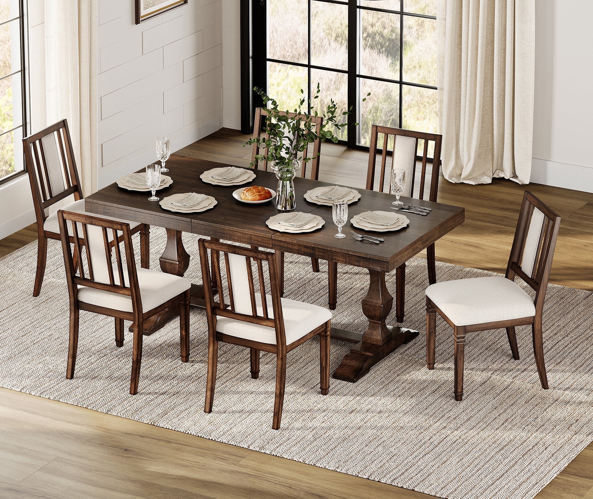 WAMPAT 7-pieces Farmhouse Dining Table Set for 6-8,74.8" Kitchen Table with Chairs,Solid Wood Legs and Upholstered Back for Dining Room & Living Room,Brown