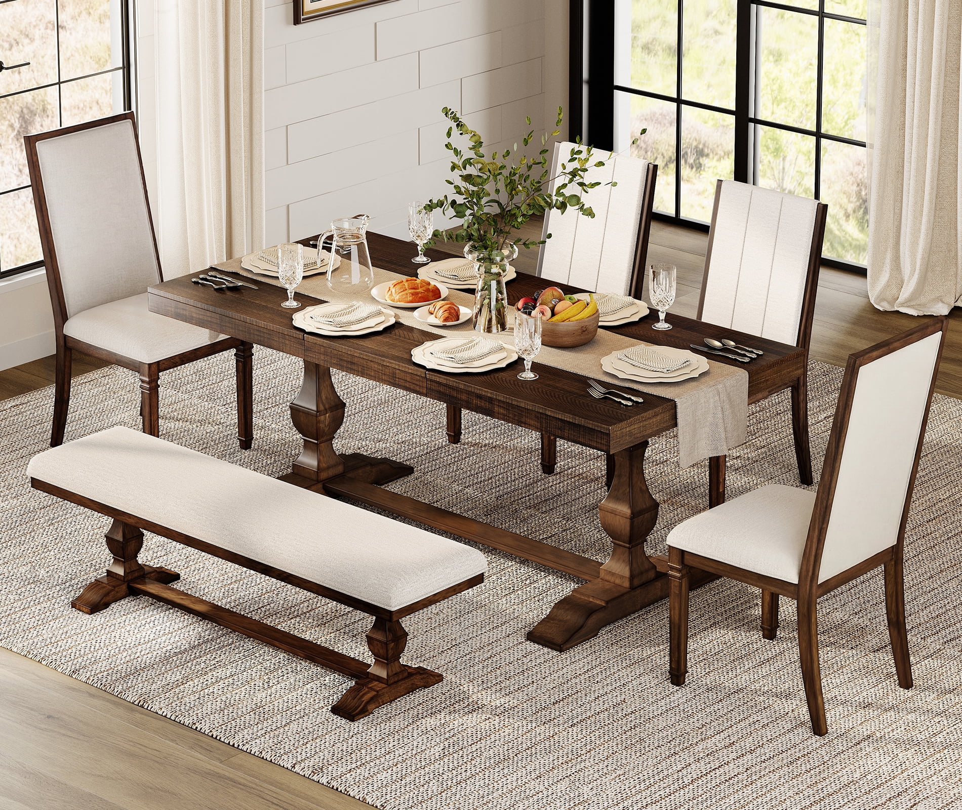 WAMPAT 6-pieces Farmhouse Dinning Table,74.8" Kitchen Table Set with 4 Chairs and Bench for 6-8, Solid Wood Legs and Cushion Seat for Kitchen & Living Room,Brown