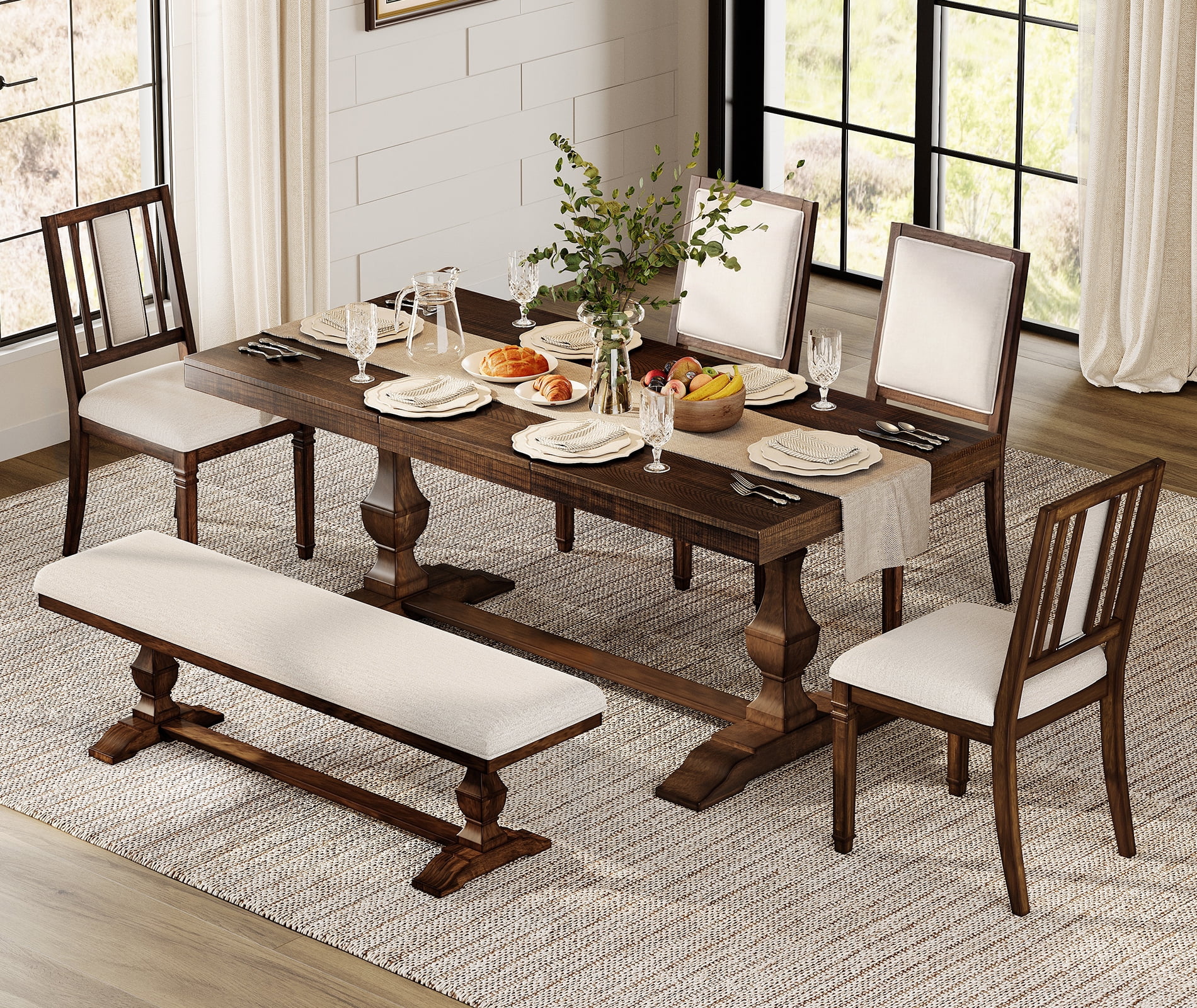 WAMPAT 6-pieces Farmhouse Dinning Table,74.8" Kitchen Table Set with 4 Chairs and Bench for 6-8, Solid Wood Legs and Cushion Seat for Kitchen & Living Room,Dark Brown