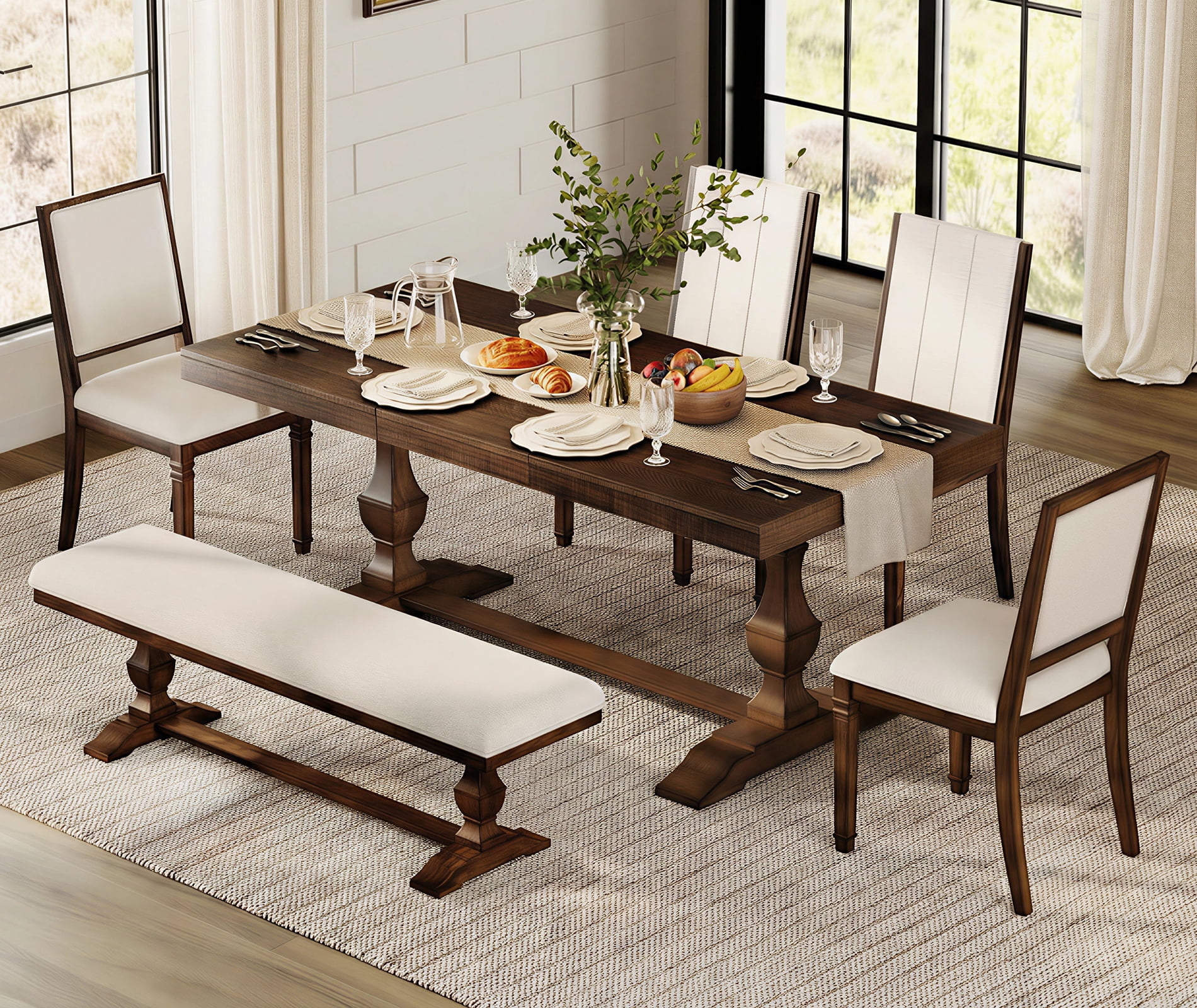 WAMPAT 6-pieces Farmhouse Dinning Table,74.8" Kitchen Table Set with 4 Chairs and Bench for 6-8, Solid Wood Legs and Cushion Seat for Kitchen & Living Room,Espresso Brown