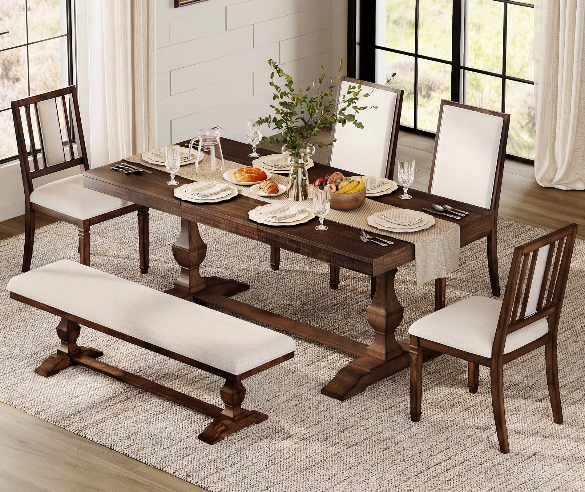 WAMPAT 6-pieces Farmhouse Dinning Table,74.8" Kitchen Table Set with 4 Chairs and Bench for 6-8, Solid Wood Legs and Cushion Seat for Kitchen & Living Room,Espresso Oak