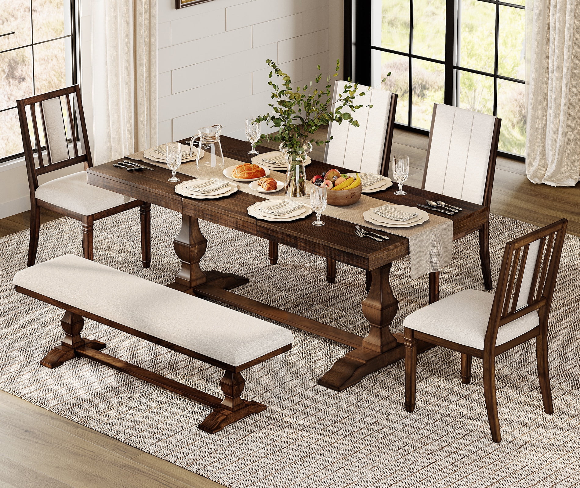 WAMPAT 6-pieces Farmhouse Dinning Table,74.8" Kitchen Table Set with 4 Chairs and Bench for 6-8, Solid Wood Legs and Cushion Seat for Kitchen & Living Room,Rustic Brown