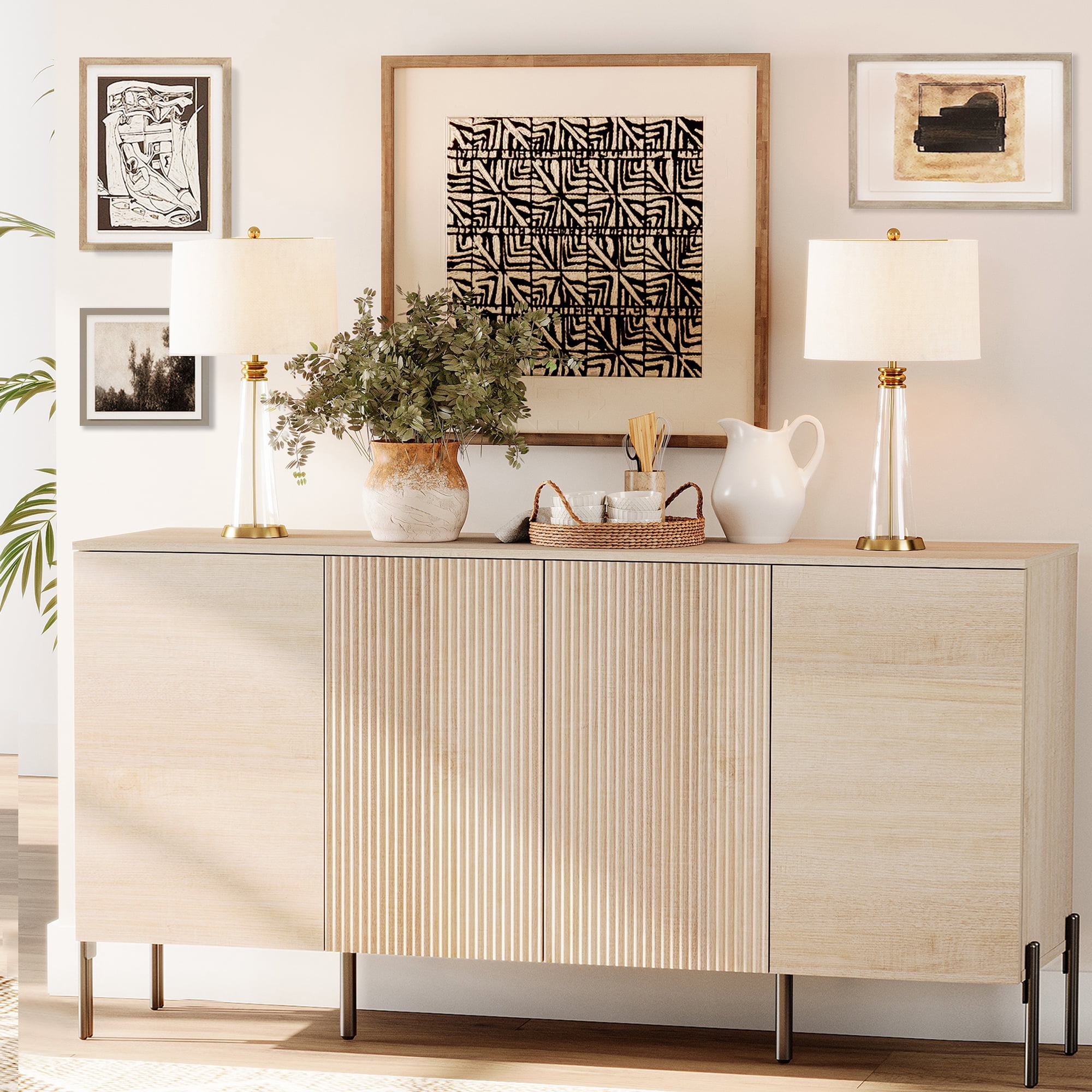 WAMPAT 61" Accent Cabinet with 4 Doors and Adjustable Shelves, Modern Credenza Storage Cabinet with Minimalist Reeded Design for Living Room, Kitchen, Dining Room, Hallway