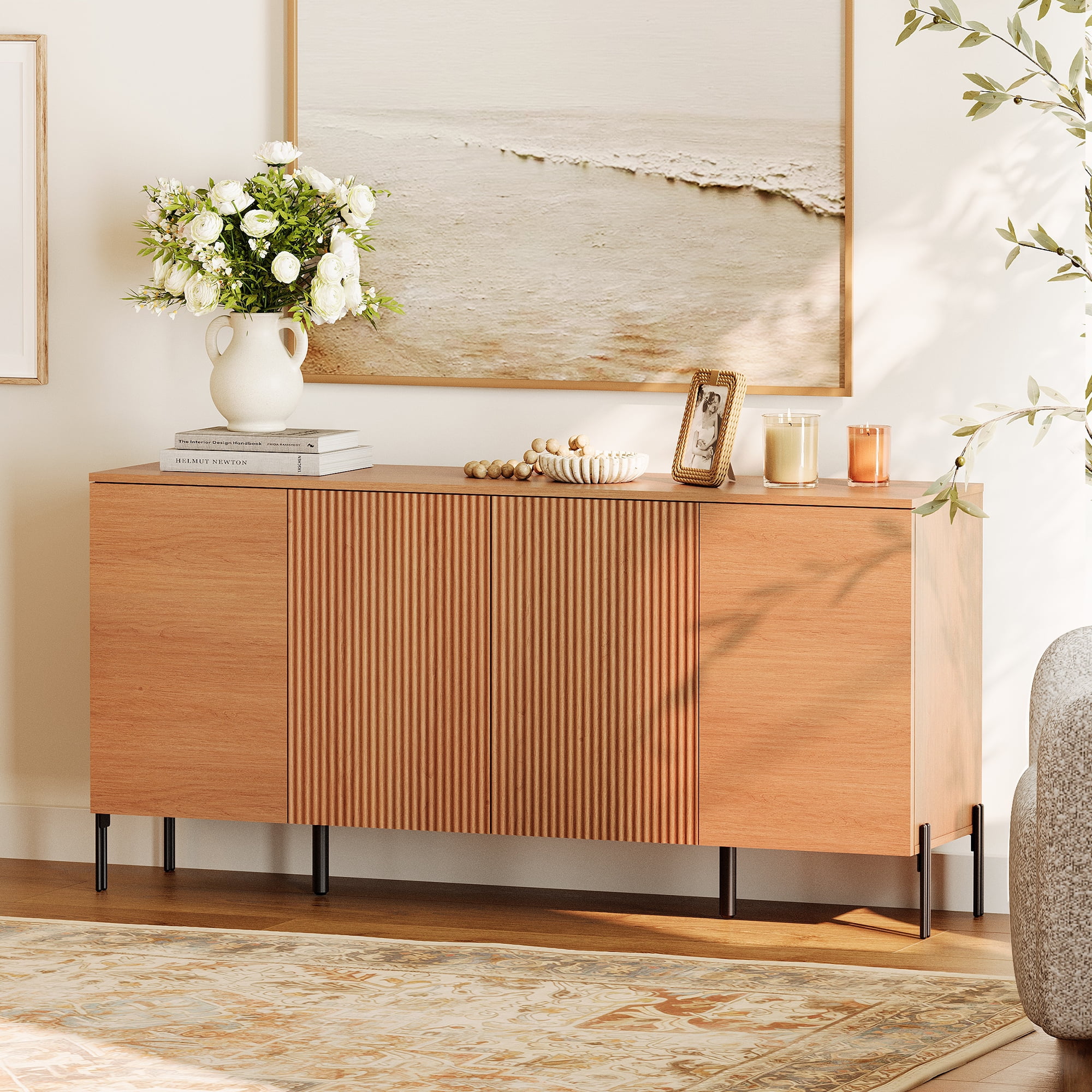 WAMPAT 61" Accent Cabinet with 4 Doors and Adjustable Shelves, Modern Credenza Storage Cabinet with Minimalist Reeded Design for Living Room, Kitchen, Dining Room, Hallway