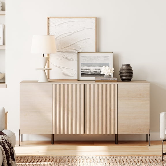 WAMPAT 61" Minimalist 4-Door Sideboard With Rectangular Geometric Design And Double Chopstick Leg Base, Wooden Buffet Table, Coffee Bar Wine Bar Cabinet for Dining Room, Living Room,Beige