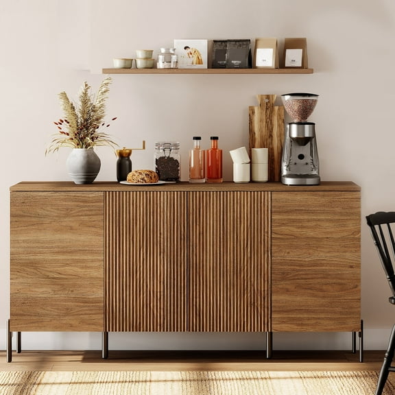 WAMPAT 61" Minimalist 4-Door Sideboard With Rectangular Geometric Design And Double Chopstick Leg Base, Wooden Buffet Table, Coffee Bar Wine Bar Cabinet for Dining Room, Living Room,Walnut