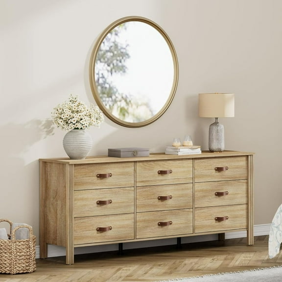 WAMPAT 62" Dresser with 9 Drawers, Farmhouse Dresser with Wide Chest of Drawers for Living Room, Hallway, Nursery, Light Oak