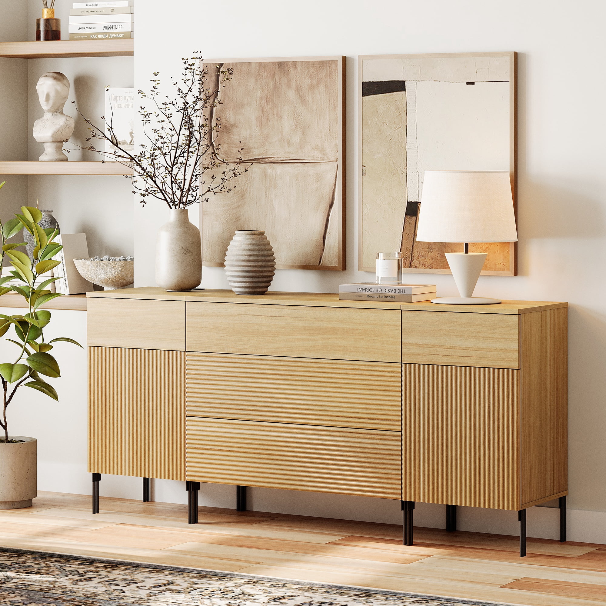 WAMPAT 63" 5 Drawer Dresser with Charging Station, Modern Fluted Wood Dresser with 2 Door Storage Cabinets, Push-to-Open Organizer for Bedroom, Living Room, Entryway
