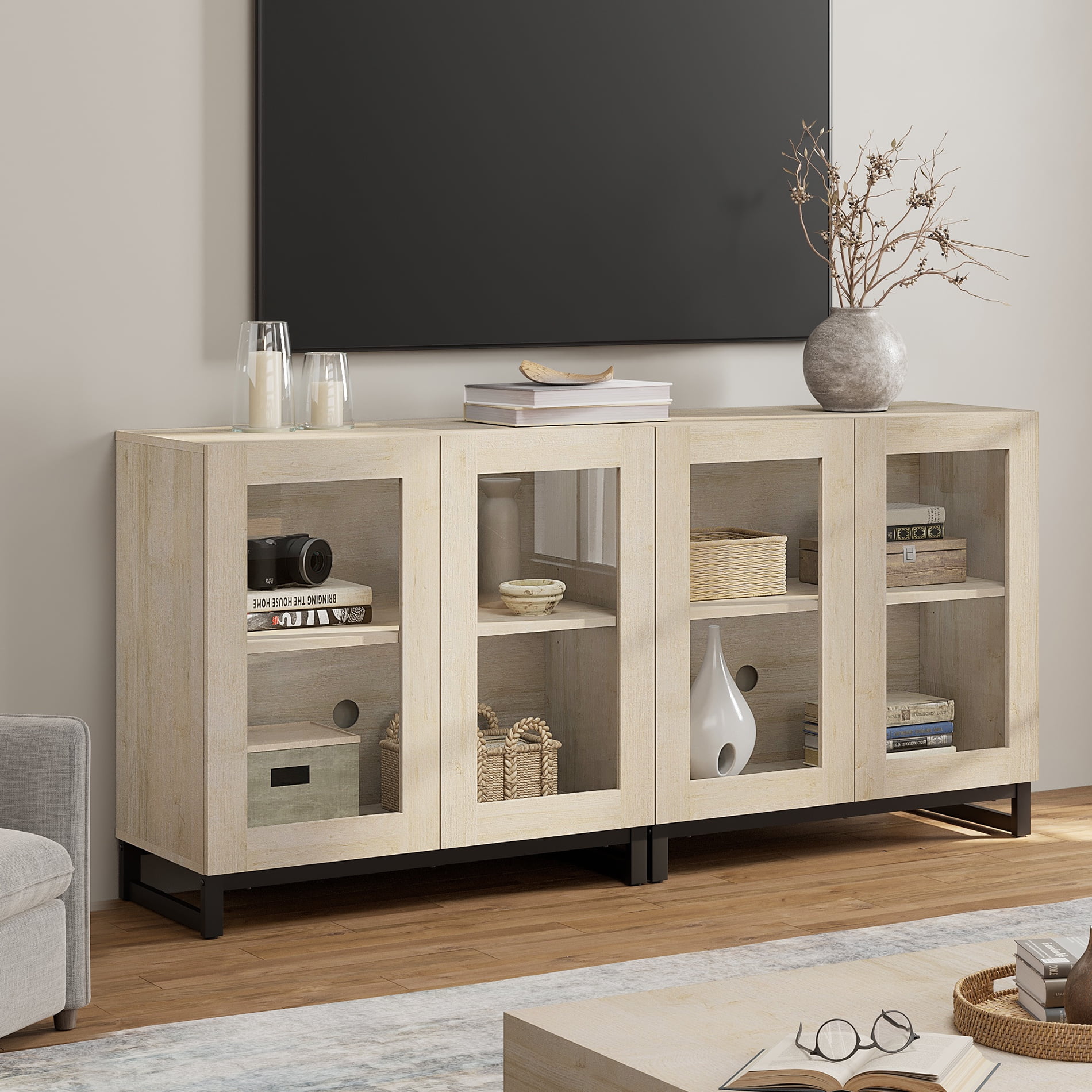 WAMPAT 63 Inch TV Stand with Glass Doors for 32-70 inch TVs, Modern Entertainment Center TV Console with Adjustable Shelves for Living Room, Bedroom,Beige