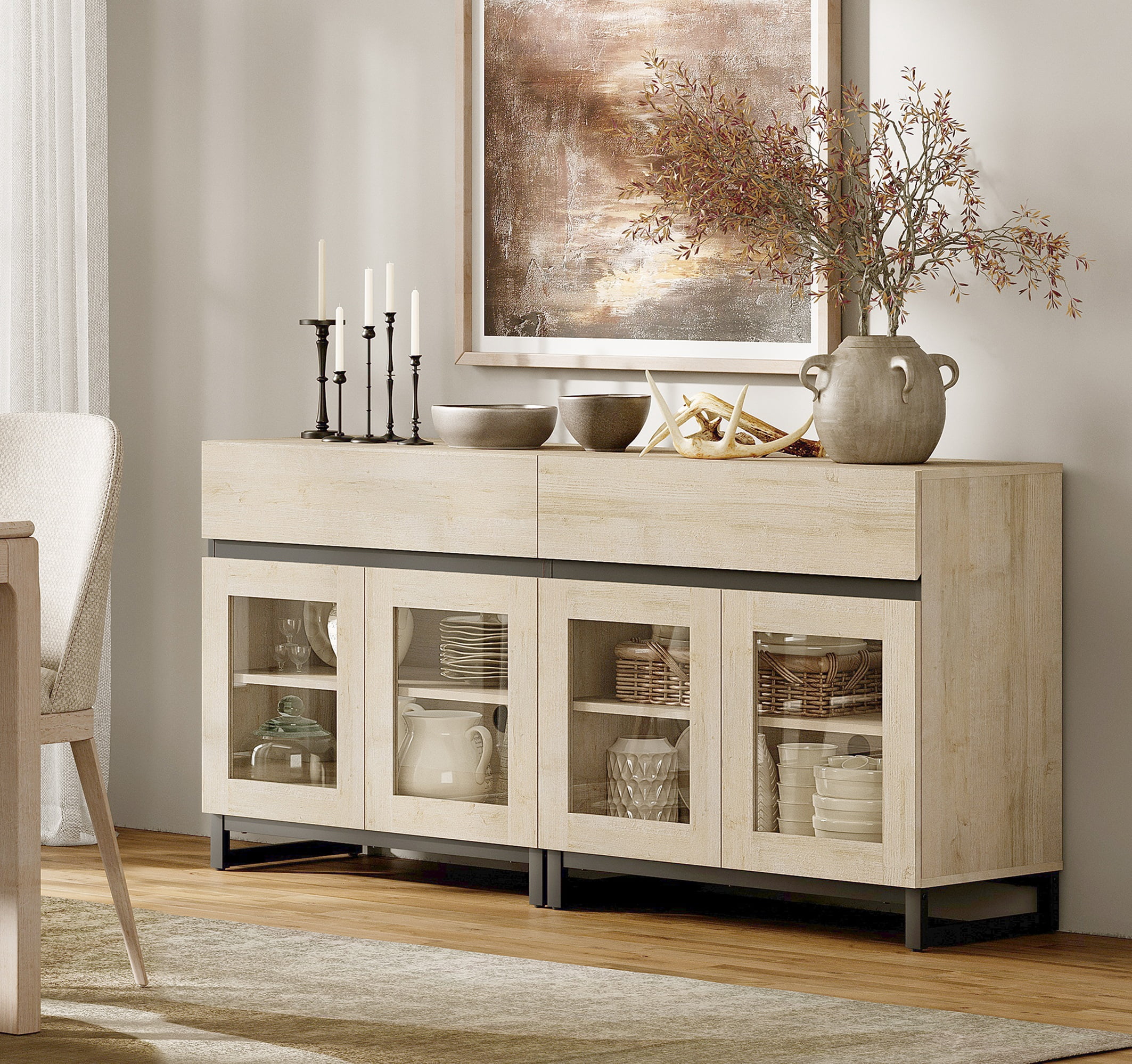 WAMPAT 63" Multifunctional Modern Sideboard Buffet Cabinet with 4 Glass Doors, Credenza & Coffee Bar Storage Cabinet for Living Room & Kitchen