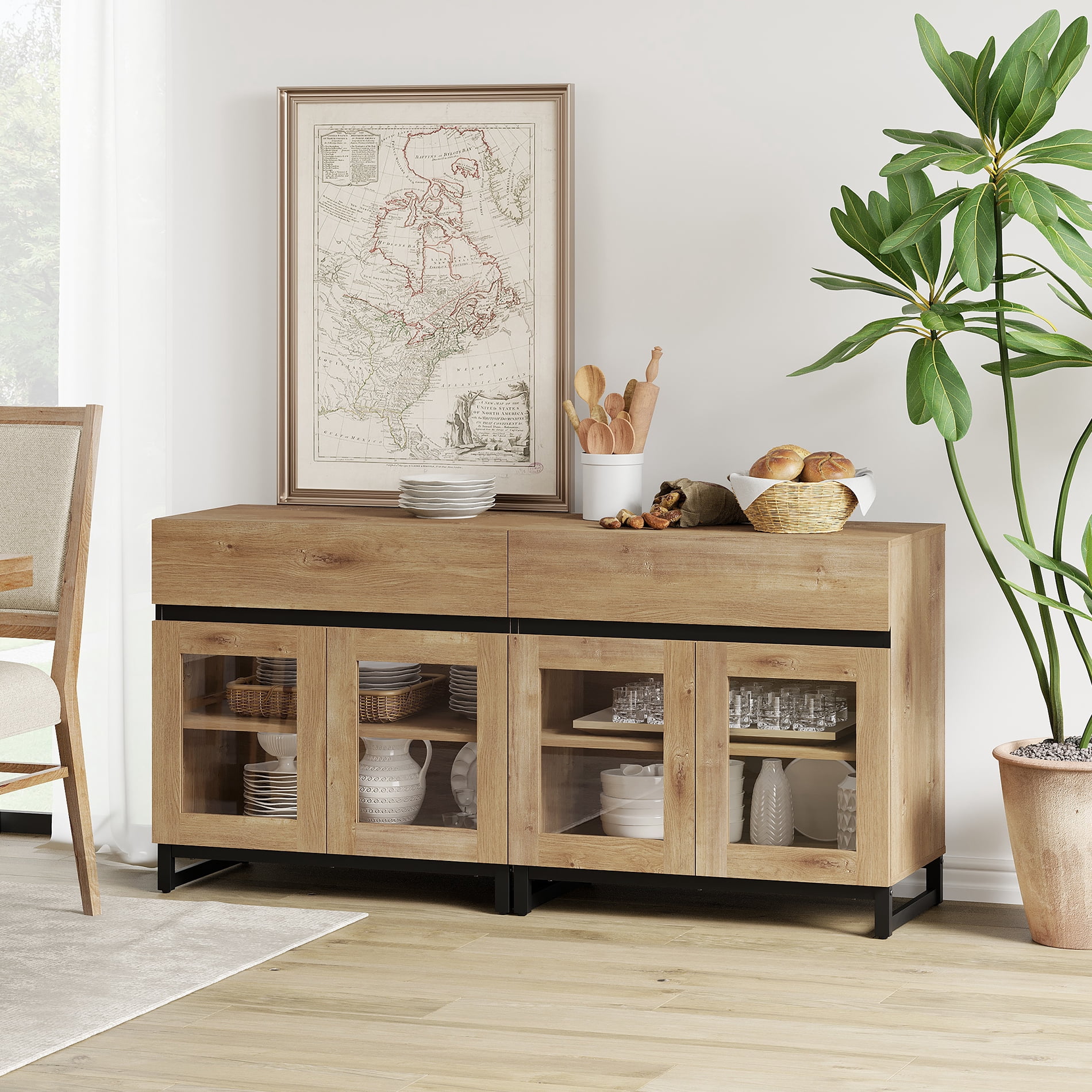 WAMPAT 63" Multifunctional Modern Sideboard Buffet Cabinet with 4 Glass Doors, Credenza & Coffee Bar Storage Cabinet for Living Room & Kitchen