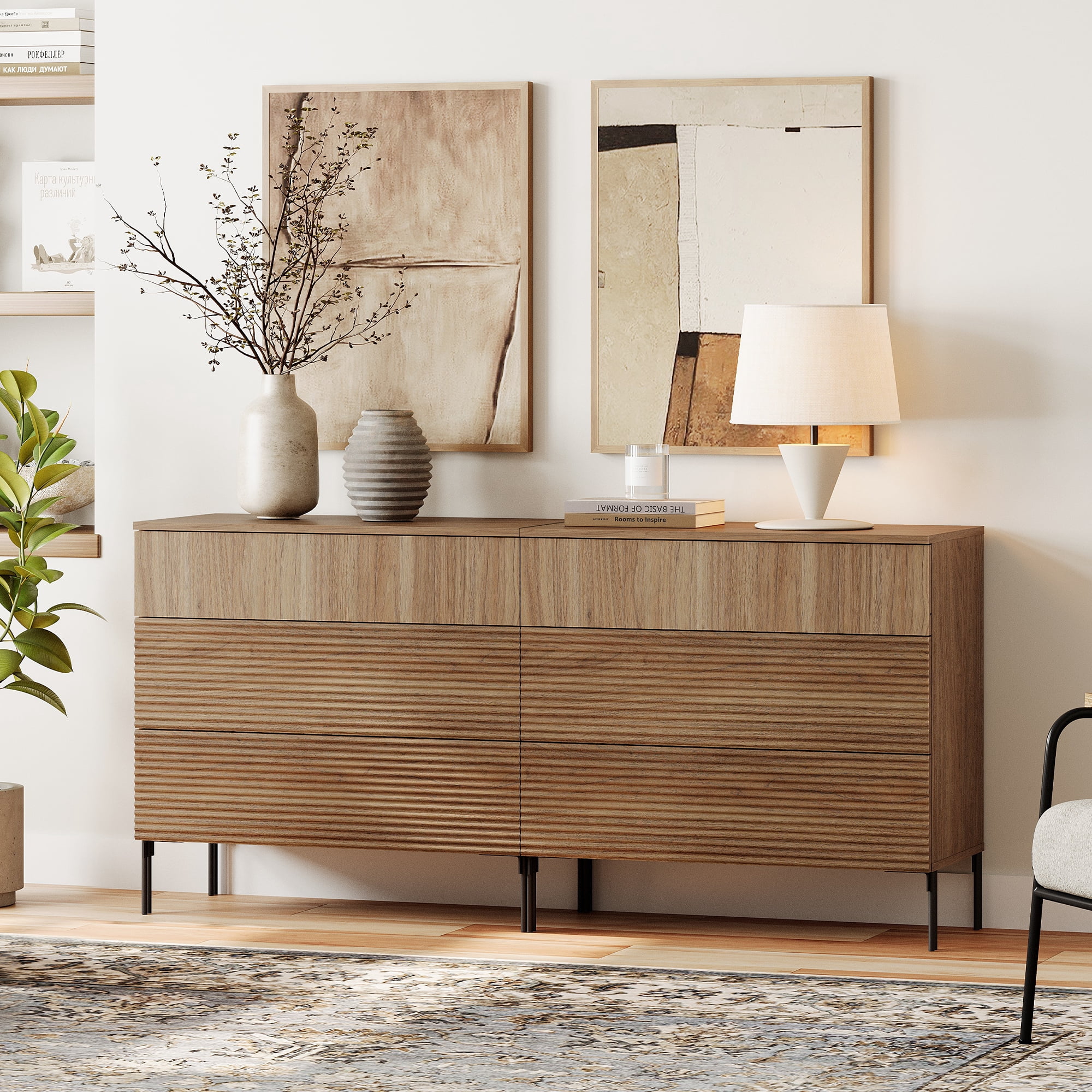WAMPAT 63" Sideboard Cabinet Set with 6 Drawers, Modern Fluted Storage Cabinet with Push-to-Open Design, Large Credenza Buffet Cabinet for Dining Room, Living Room