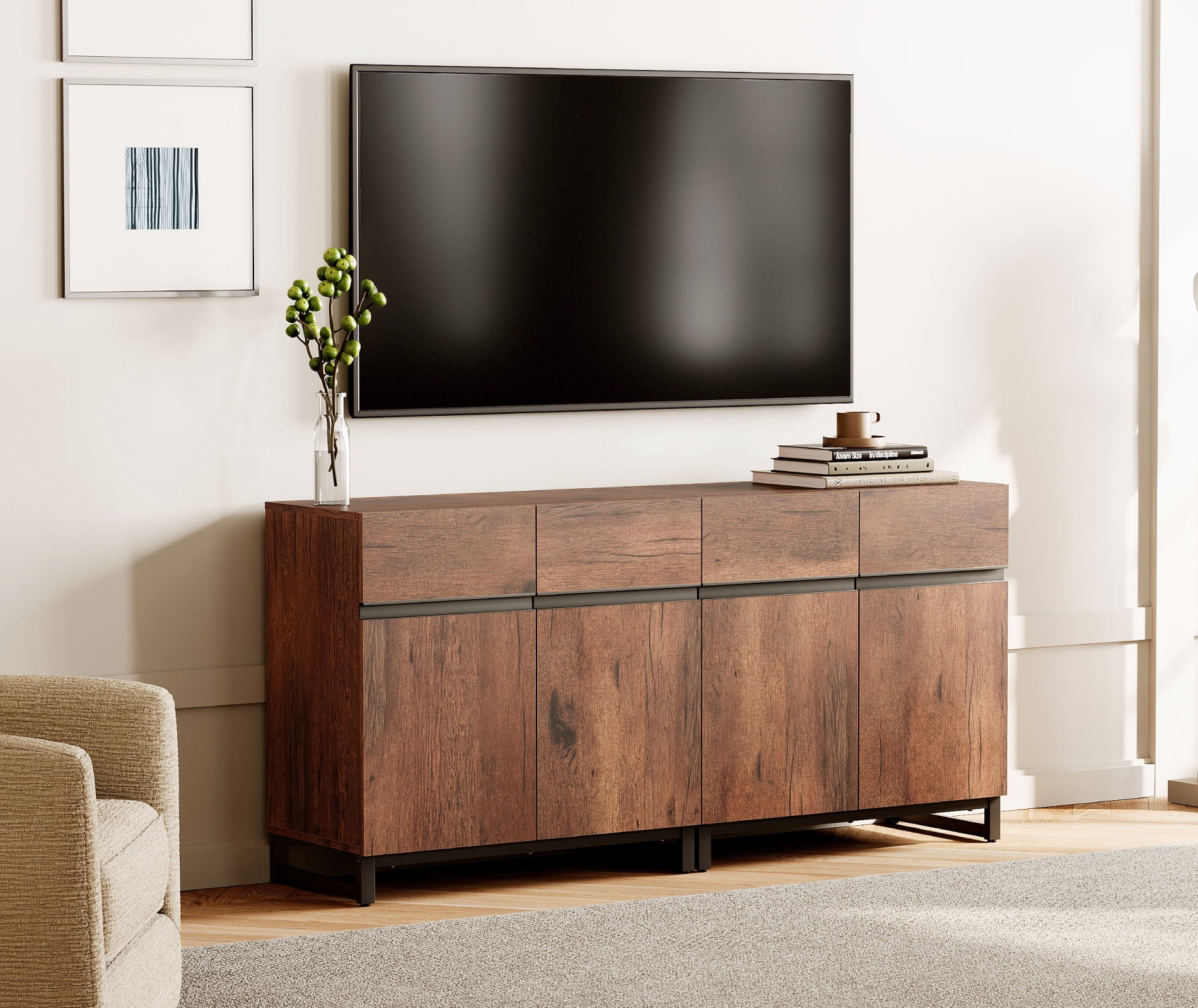WAMPAT 63" TV Stand with Doors,Modern TV Stand for TVs up to 70 Inch,2 Packs Wood Entertainment Center with Adjustable Shelves & Metal Base.