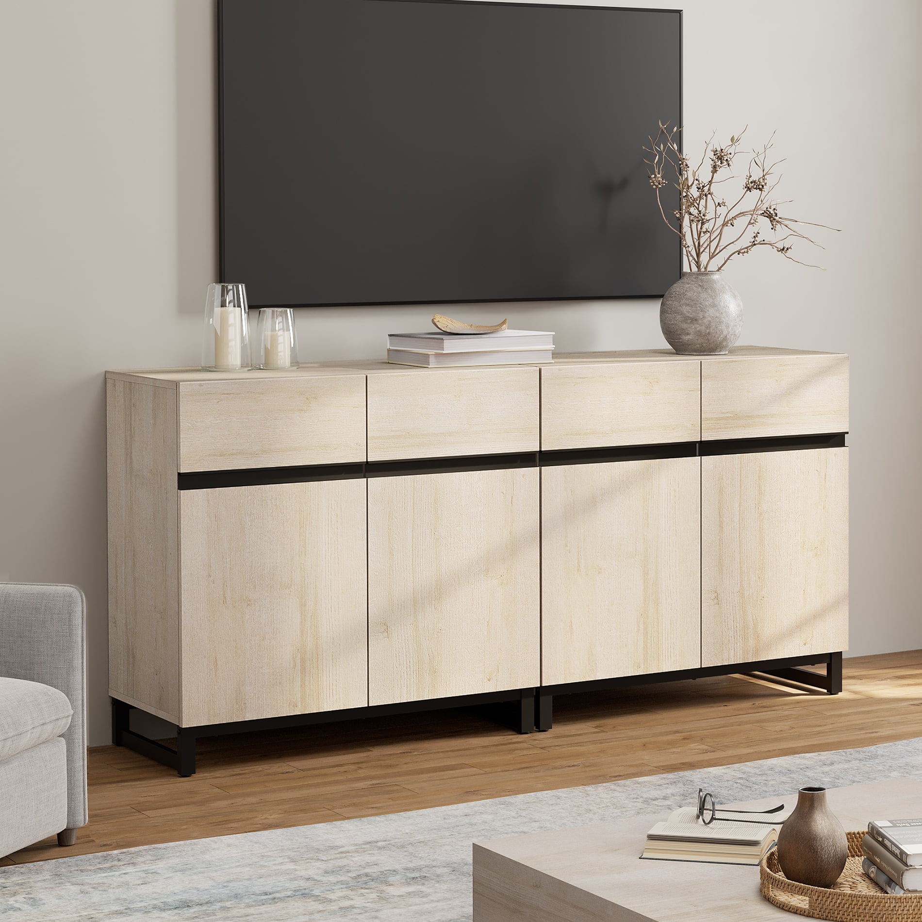 WAMPAT 63" TV Stand with Doors,Modern TV Stand for TVs up to 70 Inch,2 Packs Wood Entertainment Center with Adjustable Shelves & Metal Base.