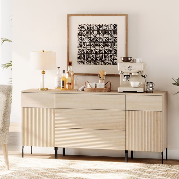 WAMPAT 63" W Large Sideboard Buffet Cabinet with Storage, 3 IN 1 Fluted Sideboard Buffet with 5 Drawers and 2 Doors Wood Buffet Table Coffee Wine Bar Cabinet for Dining Room, Living Room, Beige