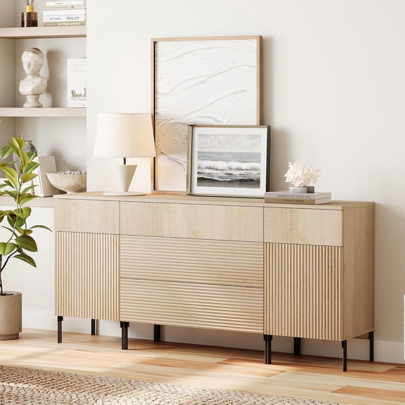 WAMPAT 63" W Large Sideboard Buffet Cabinet with Storage, 3 in 1 Fluted Sideboard Buffet with 5 Drawers and 2 Doors Wood Buffet Table Coffee Wine Bar Cabinet for Dining Room, Living Room