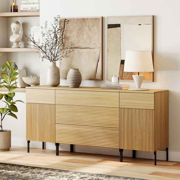 WAMPAT 63" W Large Sideboard Buffet Cabinet with Storage, 3 IN 1 Fluted Sideboard Buffet with 5 Drawers and 2 Doors Wood Buffet Table Coffee Wine Bar Cabinet for Dining Room, Living Room, yellow