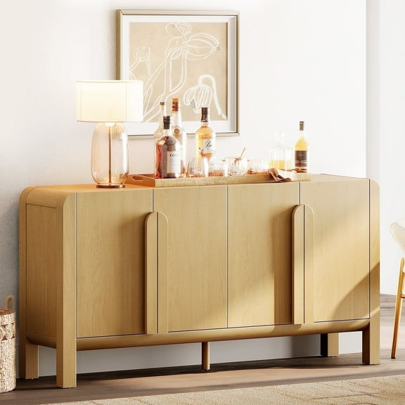 WAMPAT 63" W Modern Large Buffet Sideboard Cabinet with Storages, Buffet Table Coffee Bar Wine Bar Storage Curved Cabinet with 4 Doors for Dining Room, Living Room, Kitchen,Oak