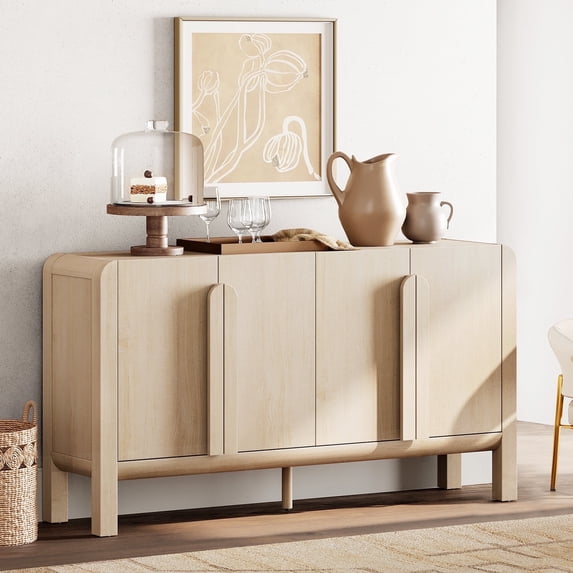 WAMPAT 63" W Modern Large Buffet Sideboard Cabinet with Storages, Buffet Table Coffee Bar Wine Bar Storage Curved Cabinet with 4 Doors for Dining Room, Living Room, Kitchen,Lightt Oak