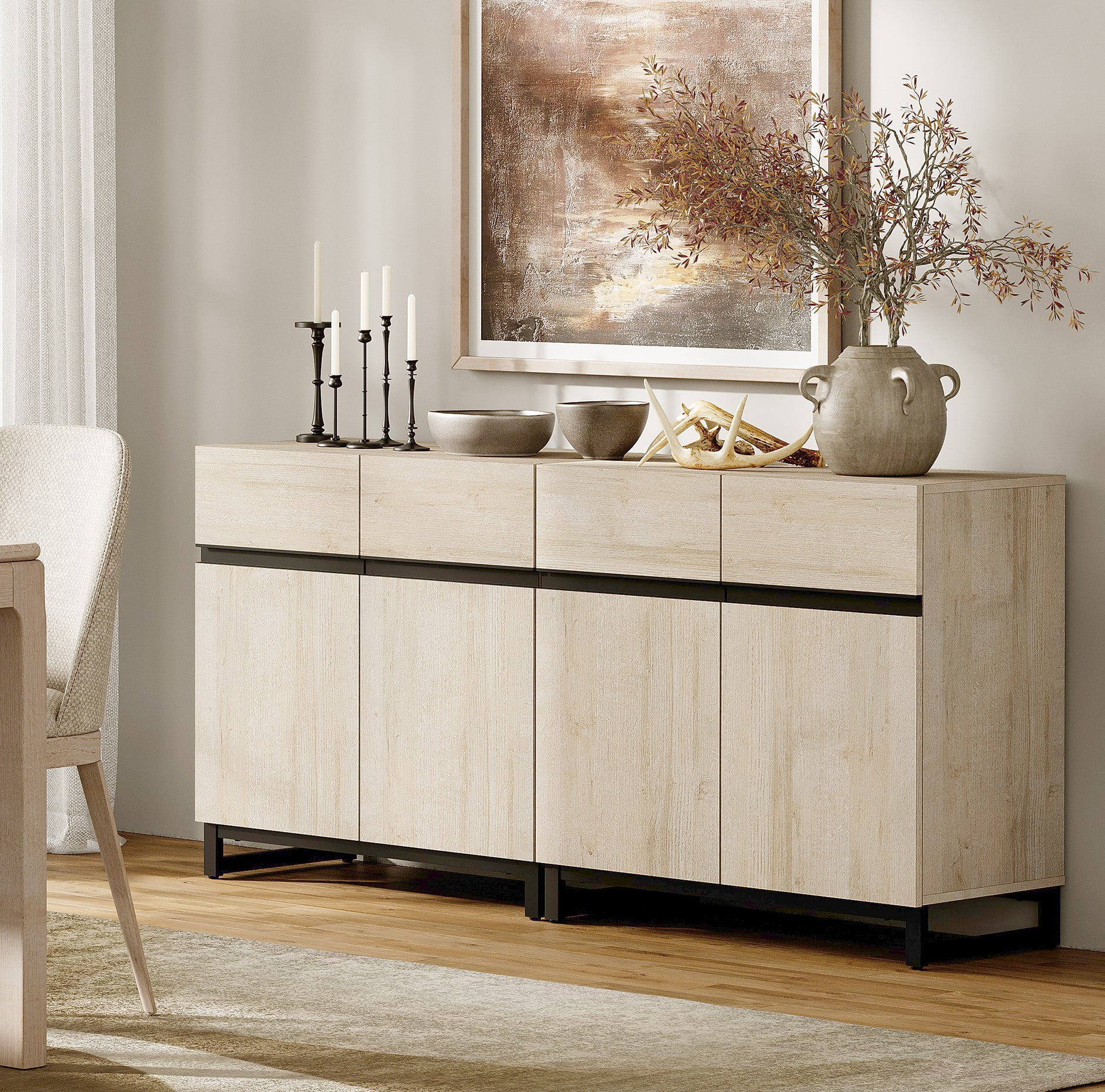 WAMPAT 63" Wide 2-In-1 Multifunctional Sideboard Buffet with Adjustable Shelf & Metal Base, Modern Wood Grain Storage Cabinet for Dining Room, Living Room.
