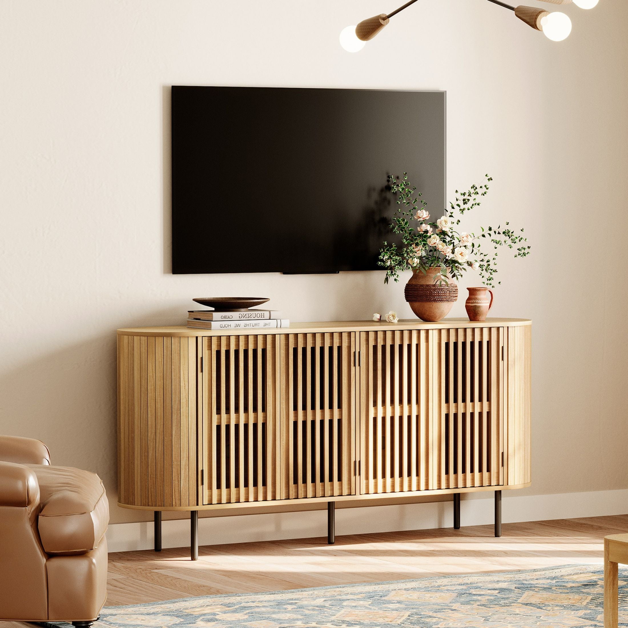 WAMPAT 64" Fluted TV Stand, Mid Century Modern Entertainment Center for 70" TVs, Wood Media Console with Pop-up Doors for Living Room, Bedroom, Oak