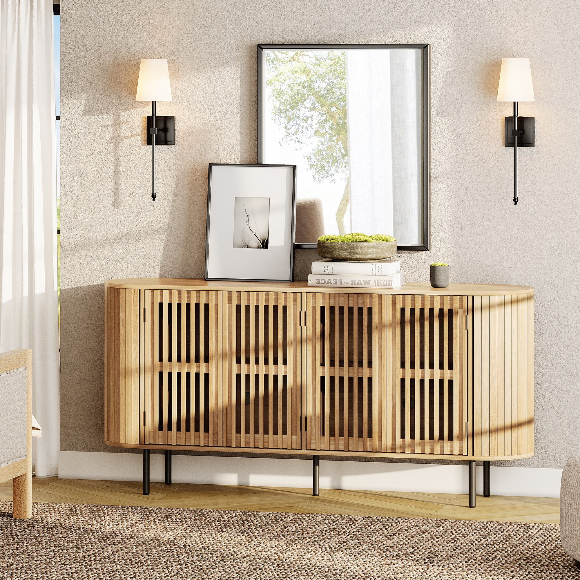 WAMPAT 64" Sideboard Buffet Cabinet with 4 Storage Compartments, Coffee Bar Cabinet for Living Room, Dining Room, Entryway, Oak