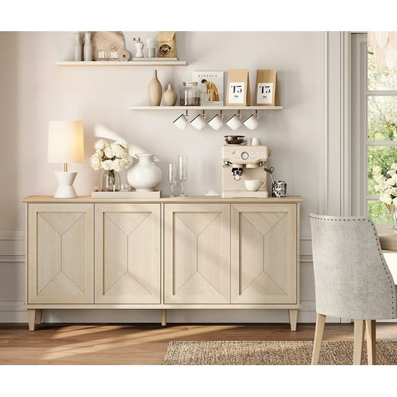 WAMPAT 65-inch Modern Farmhouse Buffet Cabinet with Handcrafted Patchwork Doors, Pop-Up Design Sideboard Credenza with Storage for Dining Room, Kitchen and Living Room, Light Oak