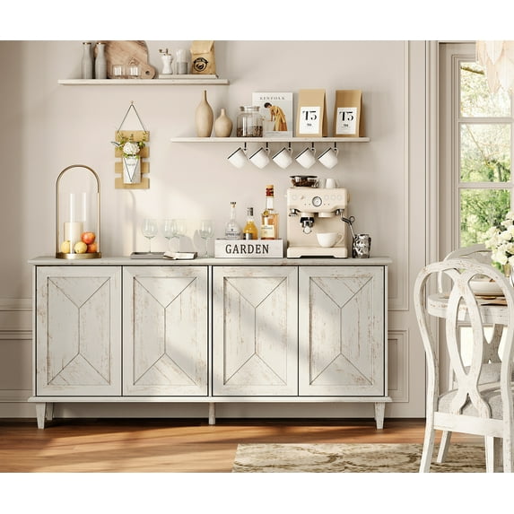 WAMPAT 65-inch Modern Farmhouse Buffet Cabinet with Handcrafted Patchwork Doors, Pop-Up Design Sideboard Credenza with Storage for Dining Room, Kitchen and Living Room, Pale Oak