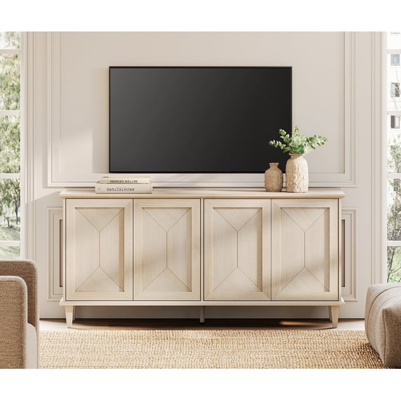 WAMPAT 65-inch Modern Farmhouse TV Stand Entertainment Center for 55-75 inch TVs, Handcrafted Patchwork Console Table with Cable Management & Adjustable Storage Shelves, Light Oak