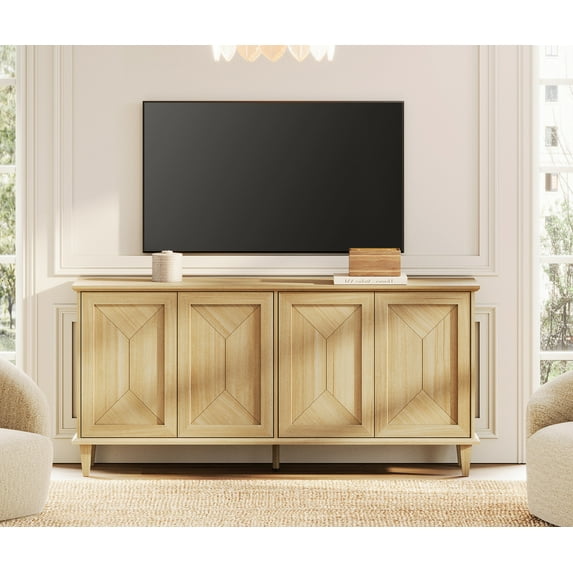 WAMPAT 65-inch Modern Farmhouse TV Stand Entertainment Center for 55-75 inch TVs, Handcrafted Patchwork Console Table with Cable Management & Adjustable Storage Shelves, Natural Oak