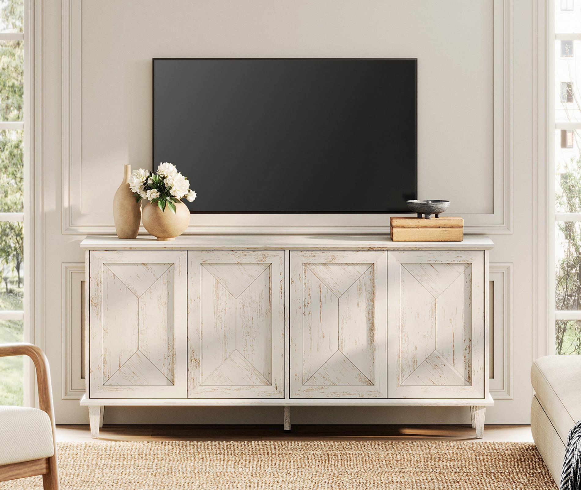WAMPAT 65-inch Modern Farmhouse TV Stand Entertainment Center for 55-75 inch TVs, Handcrafted Patchwork Console Table with Cable Management & Adjustable Storage Shelves, Pale Oak