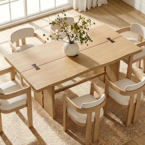 WAMPAT 67 Inch Modern Dining Table with Solid Wood Veneer Tabletop, Sturdy Wooden Dinner Table for 4-6 People with Black Bow Decoration for Dining Room,Kitchen,Oak