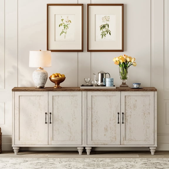 WAMPAT 68 Inch Sideboard Cabinet With Bar Hutch, Farmhouse Sideboard Credenza For Living Room, Modern Kitchen Buffet Cabinet, Large Storage Cabinet With Glass Doors, Antique White