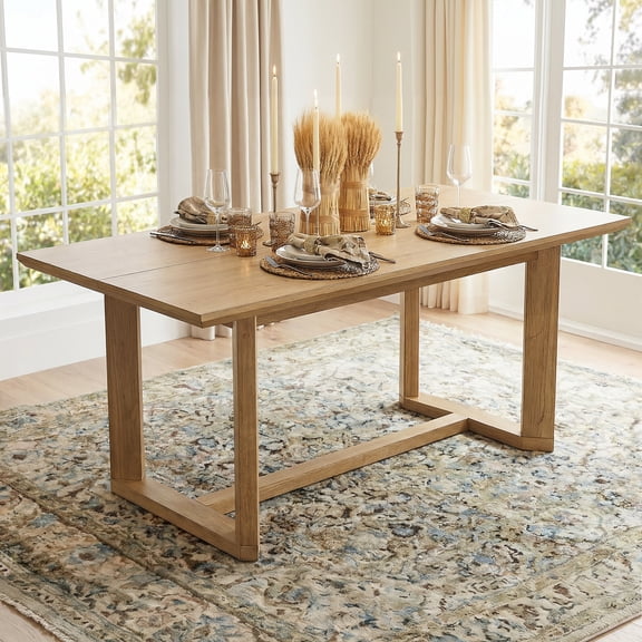 WAMPAT 69" Farmhouse Trestle Base Dining Table With Solid Wood Legs, Oak Brown