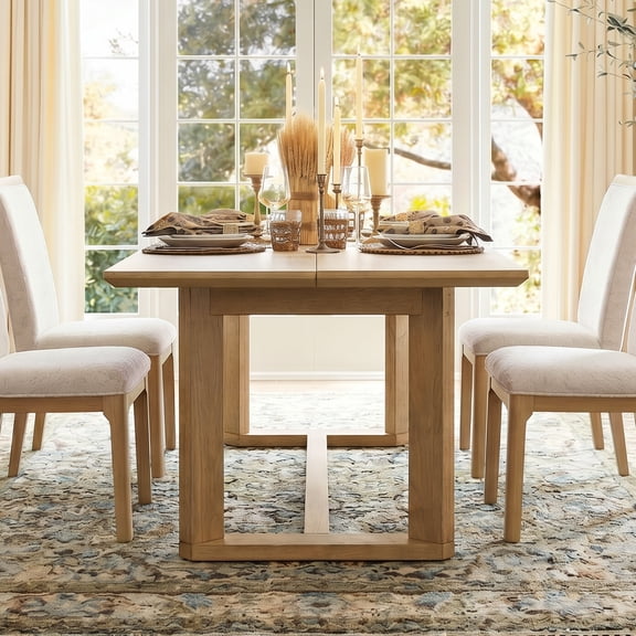 WAMPAT 69" Farmhouse Trestle Base Dining Table With Solid Wood Legs, Oak Brown