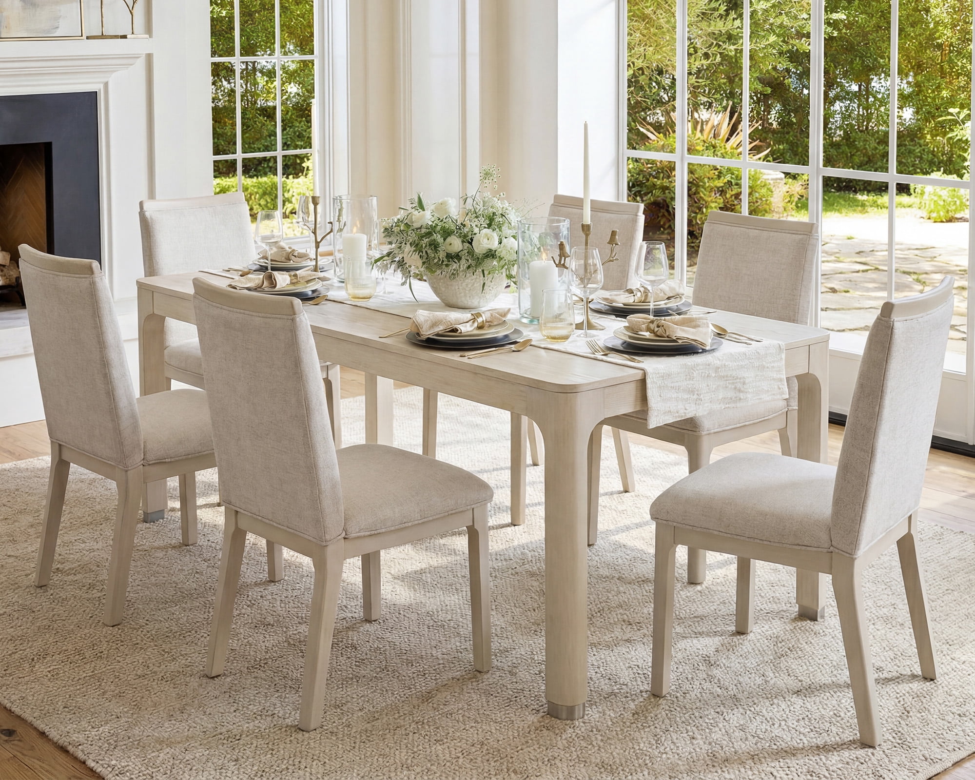 WAMPAT 7 Pieces Dining Room Furniture Set, 66" Rectangular Kitchen Table and Set of 6 Upholstered Solid Wood Dining Chairs