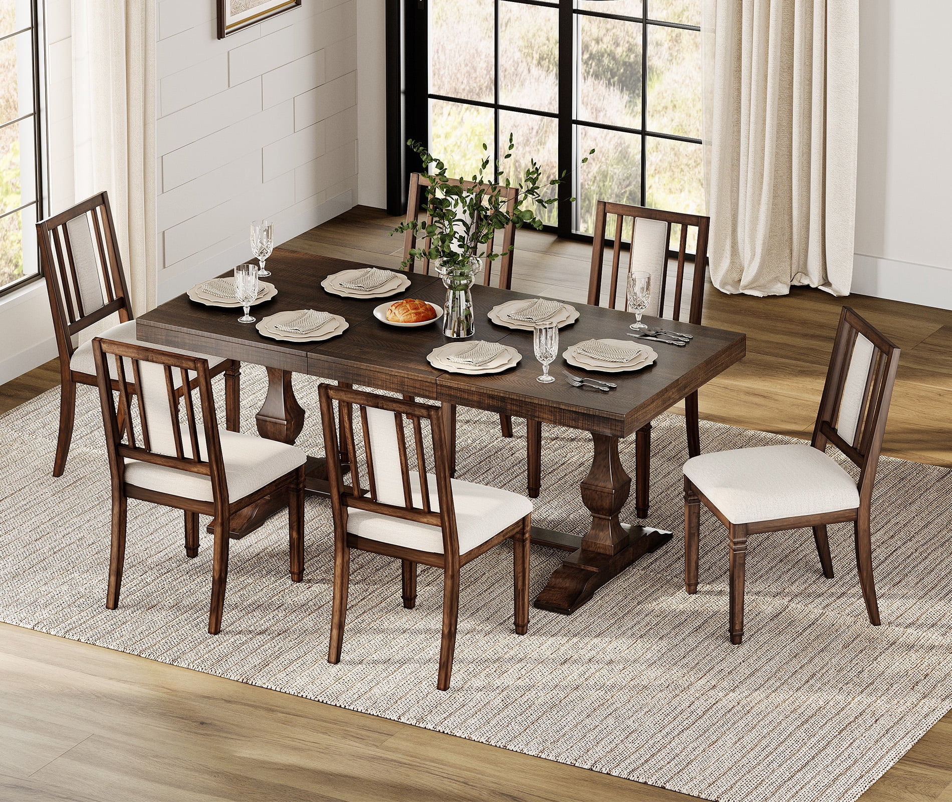 WAMPAT 7-pieces Farmhouse Dining Table Set for 6-8,74.8" Kitchen Table with Chairs,Solid Wood Legs and Upholstered Back for Dining Room & Living Room,Brown