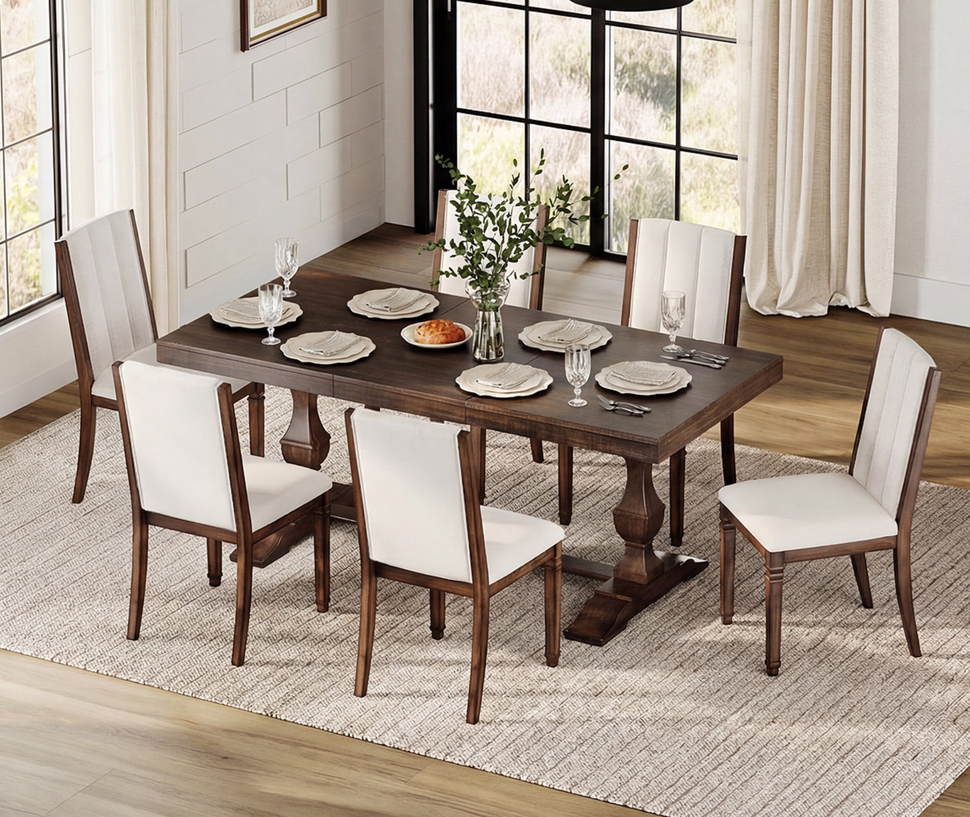 WAMPAT 7-pieces Farmhouse Dining Table Set for 6-8,74.8" Kitchen Table with Chairs,Solid Wood Legs and Upholstered Back for Dining Room & Living Room,Espresso