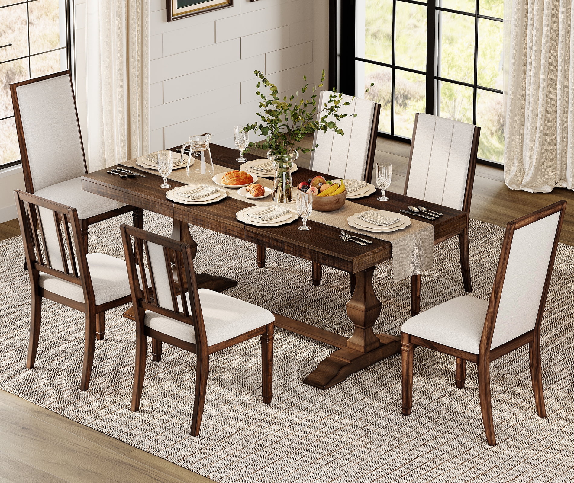 WAMPAT 7-pieces Farmhouse Dining Table Set,74.8" Kitchen Table with Chairs for 6-8,Solid Wood Legs and Upholstered Back for Dining Room & Living Room,Espresso Brown