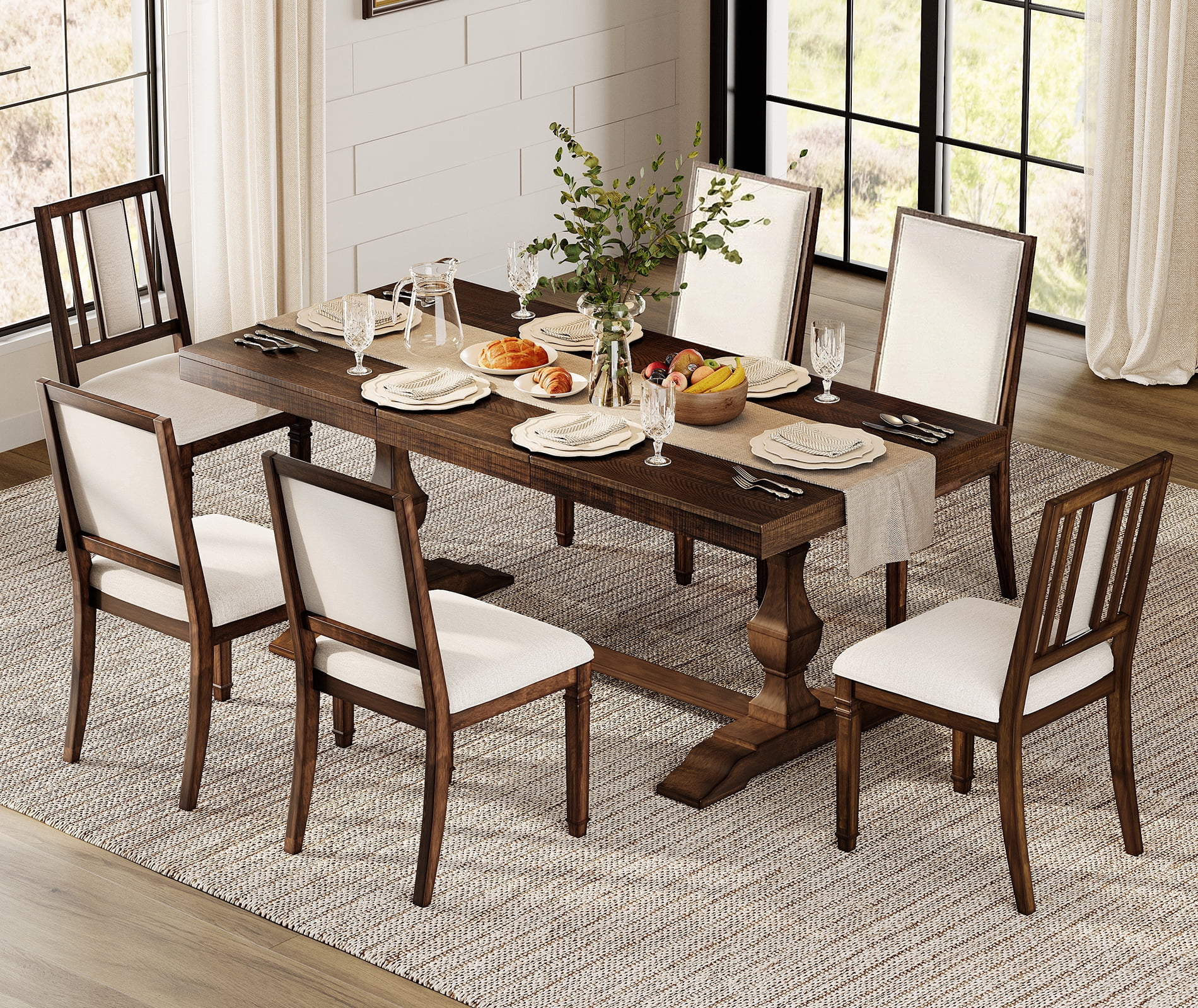 WAMPAT 7-pieces Farmhouse Dining Table Set,74.8" Kitchen Table with Chairs for 6-8,Solid Wood Legs and Upholstered Back for Dining Room & Living Room,Rustic Brown